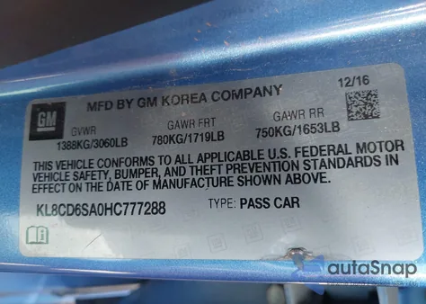 2017 Chevrolet Spark 1Lt Cvt z USA, uszkodzony, nr VIN KL8CD6SA0HC777288